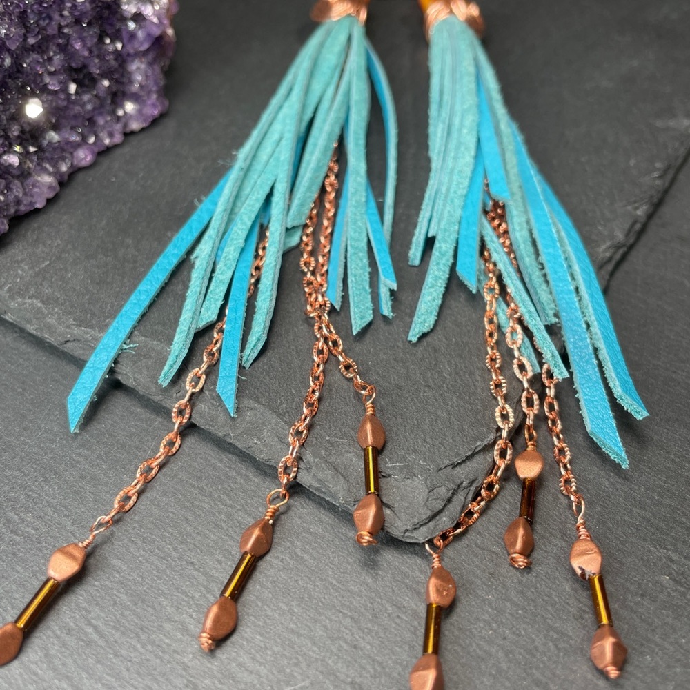 Natural Jasper And Genuine Turquoise Blue Leather Fringe And Copper Artisan - Picture 5 of 14